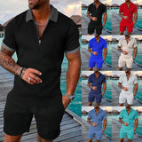 Riolio Men's Athletic T-Shirt Set Casual Mesh Lapel Short Sleeve Pullover Tops+Shorts 2-Piece Male Solid Thin Sporty Suits Black Zipper