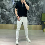 Riolio  Summer Thin Ice Silk Cool Men's Polo Shirt Solid Lapel Zipper Patchwork Smart Casual Elastic Breathable Short Sleeved Top