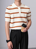 Riolio  Summer Daily Casual Mens Slim Polo Shirt Knitted Striped Crochet Polo Shirts Men Vintage Buttoned Polo Neck Knitting Polos