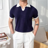 Riolio  Classic Mens Knitted Polo Shirts Slim Fit Short Sleeve Patchwork Polo Neck T Shirt  Summer Casual Breathable Knit Polo Shirt