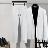 Riolio 2Pcs Men Blazer Pants Set Spring Fashion Suit Stripe Pleats Long Sleeve Turndown Collar Jacket Drawstring Trousers for Wedding