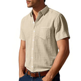Riolio Summer New Solid Color Linen Men's Shirt Turn-down Collar Short Sleeve Men's Loose Casual Pocket Outdoor Vacation Shirt