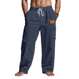 Riolio  Men's Linen Cotton Cargo Pants Drawstring Waist Wide Leg Casual Summer Beach Trousers with Pockets