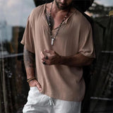 Riolio  New Spring Men Cotton T-shirts Solid Vintage V-Neck Half SleeveClothing Fashion Loose Pullover Tees Shirt Men Chemise Homme