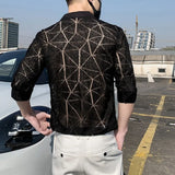 Riolio  Casual Men's Summer New Patchwork Square Collar Button Printing Slim Hollow Out Comfortable Three Quarter Shirts