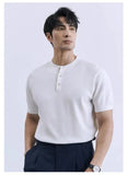 Riolio New Fashion American Style Men T-shirt Luxury Striped Knitted Henry Collar Tees Casual Solid Color Short Sleeve Breathable Tops