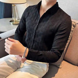 Riolio  Stretch Plaid Design Versatile Jacquard Shirt Men's Slim-fit Korean Style Casual Long-sleeved Versatile Shirt