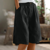 Riolio  Women's Fashion Solid Color Pants Pocket Button Up Capris Loose Elastic Waist Cotton Linen Shorts Pants for Women Women’s Pants