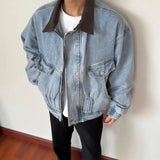 Riolio  New Autumn Winter Men Denim Jacket Color Block Collar Fashion Large Pockets Outdoor Casual Coat Streetwear Trending Outerwear
