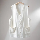 Riolio  Men's Linen Vest Summer Chinese Style Frog Button V Neck Sleeveless Loose Casual Waistcoat