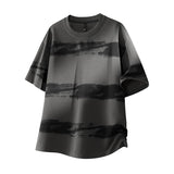 Riolio  Men's Rock Tyle Distressed Stripe Vintage Washed Ink Tain Print Loose Fit Crew Neck T Shirt Hip Hop Streetwear Casual