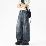 Riolio Men Unique Patchwork Washed Vintage Retro Loose Fit Baggy Jeans Fashion Denim Casual Street Style Distressed Trendy Comfort