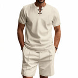 Riolio 2025 Summer Simplicity Men's Suit Loose Walf Checks Fabric Breathable Comfort and Casual Short Sleeve Shorts Two-Piece Suit