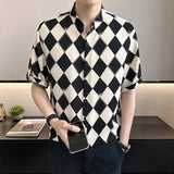 Riolio  High-end Diamond Plaid Shirt for Men's Short-sleeved Handsome New Ice Silk