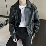 Riolio  New Autumn Men's Casual Textured PU Jacket High Street Zip-up Turn-down Collar Solid Color Long Sleeve Retro Coats M-3XL