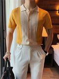 Riolio  Summer Casual Slim Short Sleeve Polos Mens Shirt Fashion Knitted Striped Patchwork Shirts Men Turndown Collar Buttoned Tops