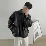 Riolio New Men's Casual Textured PU Leather Jacket Fashion Zipper Turn-down Collar Long Sleeve Coats High Quality  Korean Style Outfits