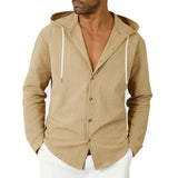 Riolio  Men's Striped Hooded Shirt Long Sleeve Button Down Casual Linen Blend Hoodie Shirt for Daily Wear