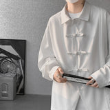 Riolio Men's Dial Buckle Solid Long Sleeve Shirt Chic Pleated Decor 2024 Spring New Loose Casual Traditional Chinese Style Clothing