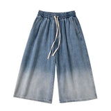 Riolio  High Street Trendy Gradient Jeans Men Summer Thin Elastic Waist Drawstring Pockets Loose Casual Denim Wide Leg Calf Length Pants