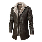 Riolio Men Winter Long Thick Fleece PU Leather Jacket New Winter Fashion Suit Collar Men's Windbreaker Leather Jacket Coats