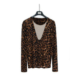 Riolio  Mens Fake Two Piece Deep V Leopard Niche T Shirt Streetwear Fashion Nightclub Youth Stage Trendy Statement Long Sleeve Top