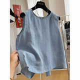 Riolio Cotton and Linen Round Neck Summer Thin Loose Literary Versatile Shirt Sleeveless Top Small Vest