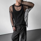 Riolio  Mens Lightweight Sheer Starry-Print Mesh T-Shirt Fashion Streetwear Clubwear Niche Sexy Outerwear Long Sleeve Top New