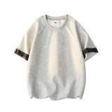 Riolio  Men's Loose Fit  Colour Blocked Checked Cuff Studded Round Neck Korean Style Casual Streetwear Preppy Short Sleeved T Shirt