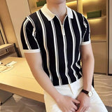 Riolio  Korean Fashion Men Polo Shirts Summer Trend Smart Casual Lapel Striped Contrast Color Half Zipper Short Sleeve Slim Knitted Tops