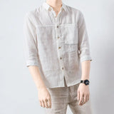Riolio  7-point Mid-sleeved Shirt Men Summer Loose Large-size Lapel Open-line Pocket Breathable Casual Cardigan