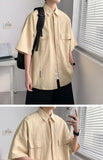 Riolio Working Pocket Solid Color Pure Cotton Short-sleeved Shirt Fashionable Summer Lapel Button Functional Half-sleeved Cardigan