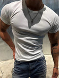 Riolio  New Casual Mens Short Sleeve T Shirts Spring Summer Fashion Solid Color Ribbed Tees Men Vintage O Neck Textured Pullovers