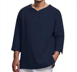 Riolio  Fashion New Men's V Neck 100% Cotton T-shirts Man Solid Color 3/4 Sleeves Split Button Tees Casual Loose T-Shirt For Male Tops