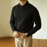 Riolio  New American Retro Men Polo Shirt Light Luxury Solid Color Slim-fit Commuting Long Sleeve T-shirt Leisure Business Pullover Tops