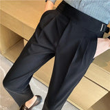 Riolio British Style Men High Waist Casual Dress Pant Men Belt Design Slim Trousers Formal Office Social Wedding Party Dress Suit Pants