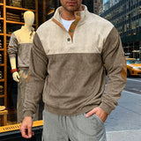 Riolio  Men's Corduroy Color Block Henley Shirt Casual Button-Up Stand Collar Pullover with Elbow Patches
