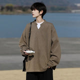 Riolio Long Sleeve V-Neck T-Shirt mens Solid Color Spring  Casual Basic Top  Plain Tee Shirt Breathable Comfort Stretch Soft plus size