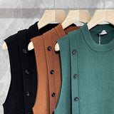Riolio Men's Luxury Knitted Pullover Sweater Vest Casual Streetwear Button Solid Color O Neck Sleeveless Loose Stylish Vintage Knitwear