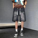 Riolio Men's New Retro Elastic Waist Pocket Fashionable Solid Color Five-point Star Ripped Denim Shorts