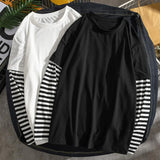 Riolio Student T-Shirts Fake Two Piece Set Striped Long Sleeve O Neck Simple Casual Spring Top Tee Shirts For Men School