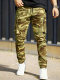 Riolio  Men Camo Print Cargo Pants With Flap Pockets And Drawstring Waist Streetwear Long Pants