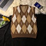 Riolio Spring Autumn Diamond Grid Candle Knitted Vest Men Women Loose Pullover Retro Outer Sleeveless Sweater Vest Aesthetic