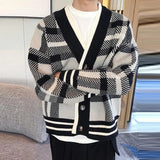 Riolio Autumn Men's Luxury Knitted Plaid Printed Buttons Cardigan Sweater Long Sleeve Streetwear Leisure Coat Fashion Check Knitwear