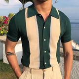 Riolio Vintage Polo Shirt Men Stripe Print Patchwork Knitting Casual Lapel Pullover Summer Fashion Men Short Sleeve Slim Polo Shirt