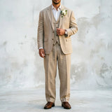 Riolio  Men Suits 3 Pieces Beige Linen For Summer Wedding Tuxedo Slim Fit V Neck Vest Formal Suit With Flap Pockets For Party Occasion