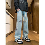 Riolio  Jeans men Spring New Patchwork Straight-leg jeans Personalized five-pointed star design Stretch waistband street jeans