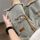 Riolio  Mens Distressed Denim Shorts Elastic Waist Drawstring Frayed Hem High Street Trendy Casual Fashion Street Style Urban Hip Hop