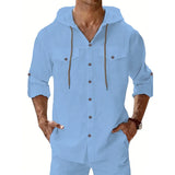 Riolio  Men's Linen Hooded Shirt Casual Solid Color Long Sleeve Beach Button Tops