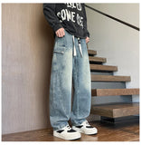 Riolio  Straight Leg Jeans Elastic Waist 2025 New Patchwork Design Utility Cargo Pants Men Big Side Pockets Autumn Workwear Trousers